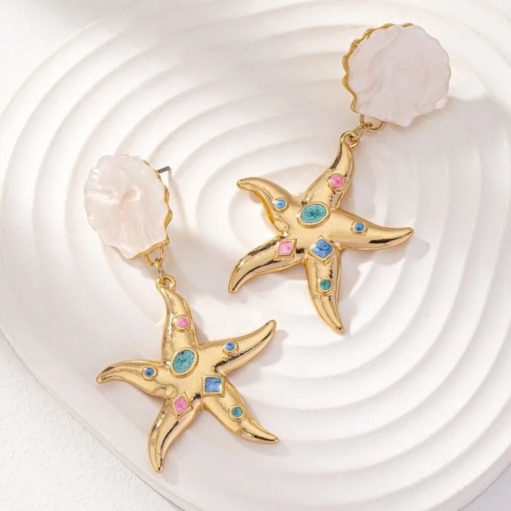 Multicolor Pastel Star Fish Gold Tone Earrings Pierced Sea Shell Beach Vaycay